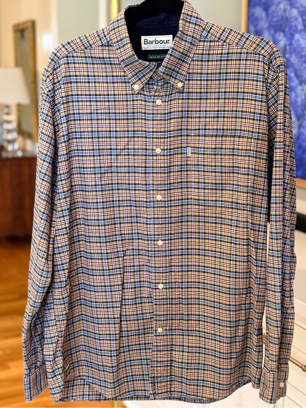 Barbour Men's Durand Regular Fit Plaid Flannel Button-Down Shirt in Tan and Blue